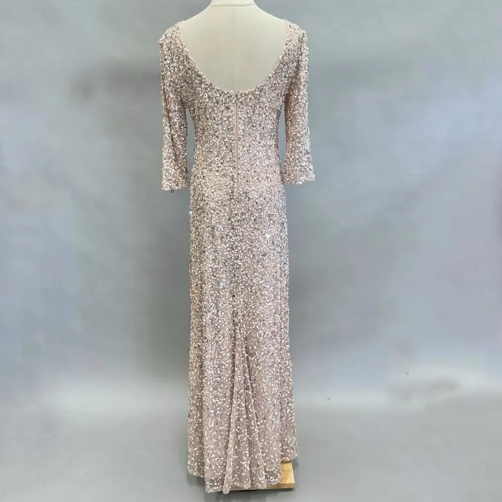 Adrianna Papell 3/4 Sleeve Scoop Back Champagne Sequin‎ Maxi Gown Size 4
